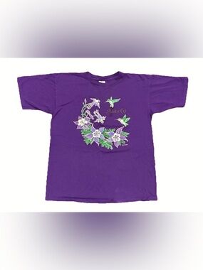 Vtg Prairie Mountain Shirt Purple Alaska Flower Hummingbird Graphic Size Large